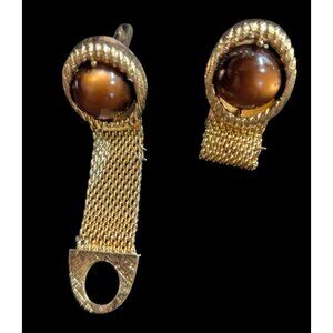 Swank Vintage Wrap Around Mesh Cufflinks Brown‎ Cabochon Stones Gold-Tone Finish